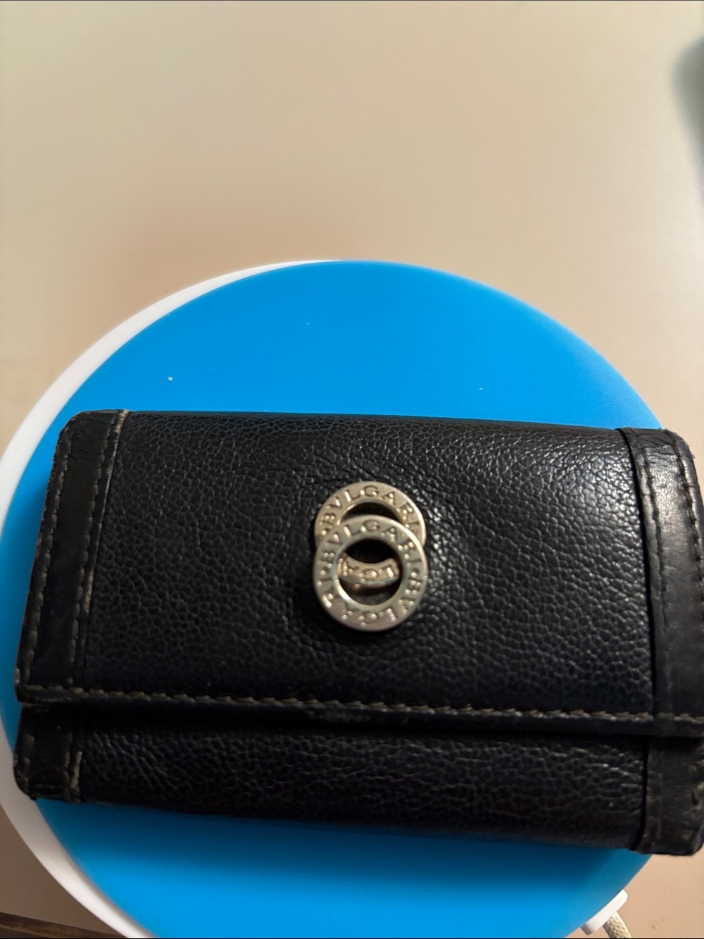 Vintage Bulgari Black Leather Key Case with Silver Logo AUTHENTIC
